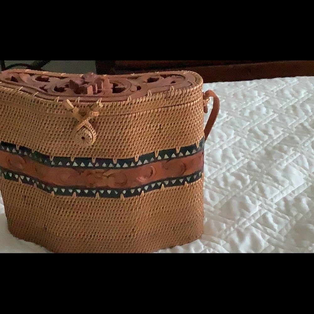 DEWI hand Woven Rattan Carved Wood Balinese Tote Bag Handbag